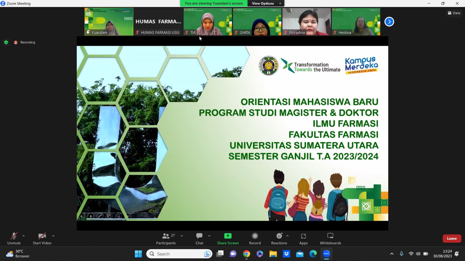 New Students of Masters and Doctoral Pharmaceutical Science Orientation at the Faculty of Pharmacy Universitar Sumatera Utara Odd Semester 2023/2024